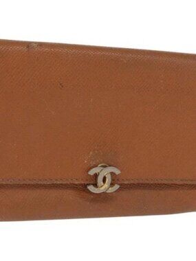 CHANEL Wallet Grained Calf Skin Brown Gold CC Auth bs32906
